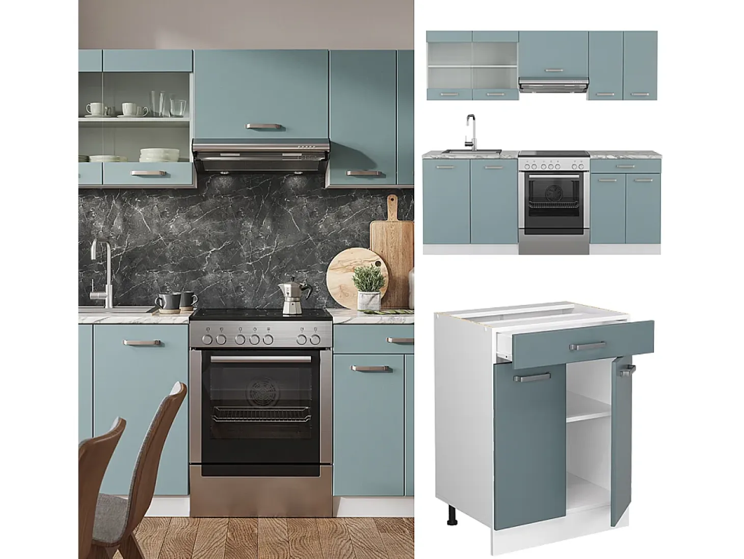 Mueble de cocina azul-gris-blanco 200x46x81.6 r-line