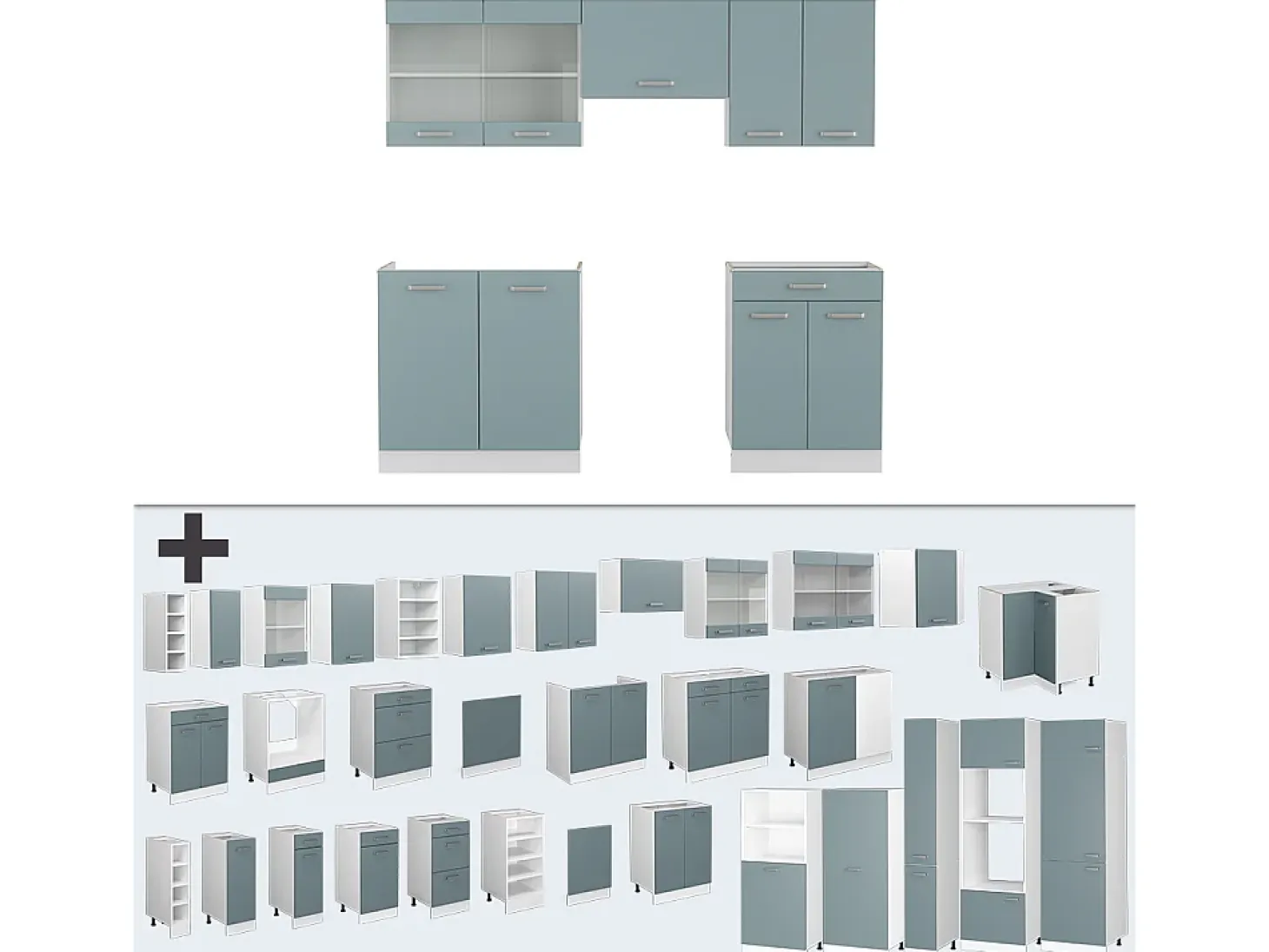 Mueble de cocina azul-gris-blanco 200x46x81.6 r-line