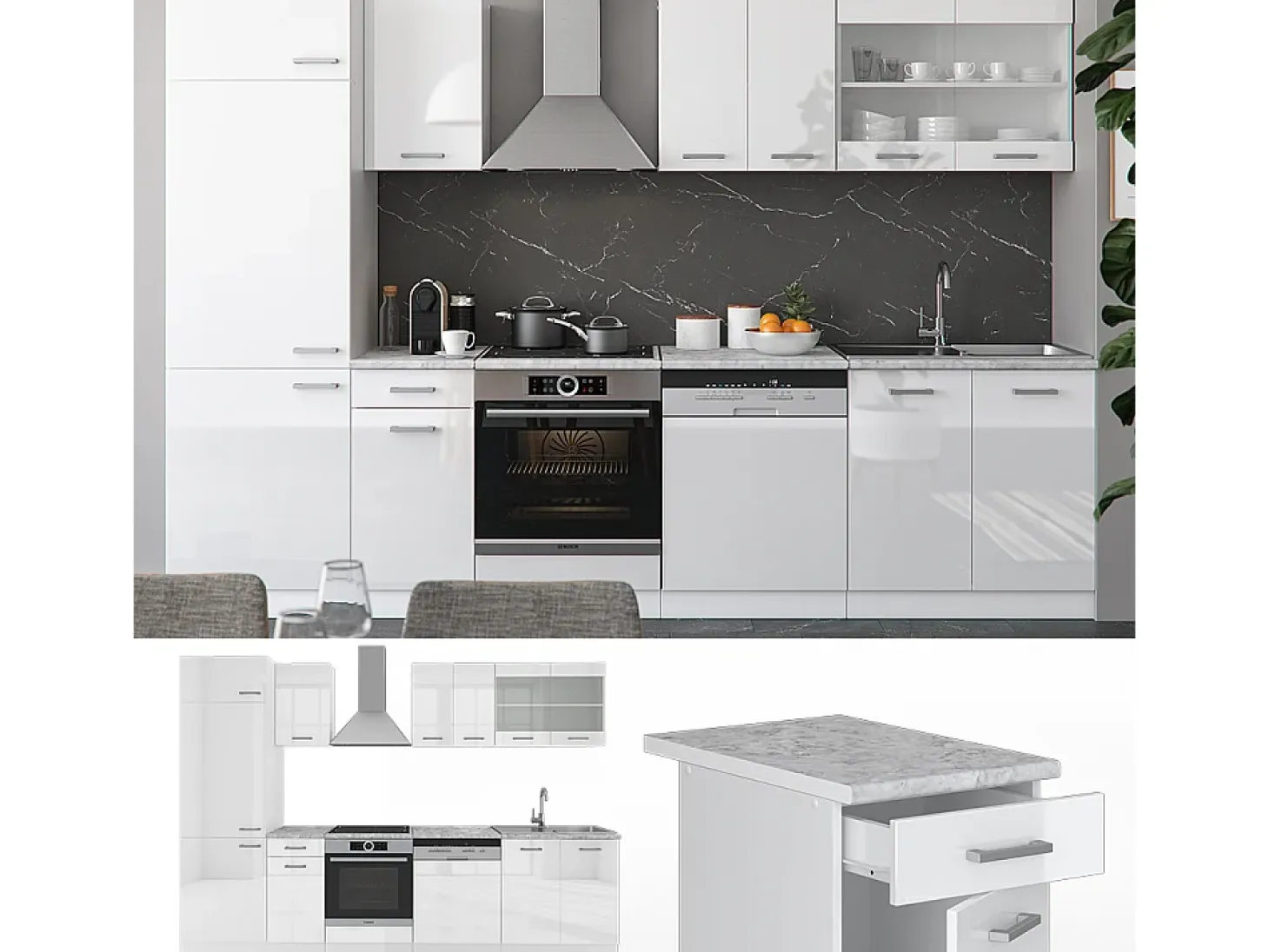 Mueble de cocina blanco alto brillo/blanco 300x46x81.6 r-line