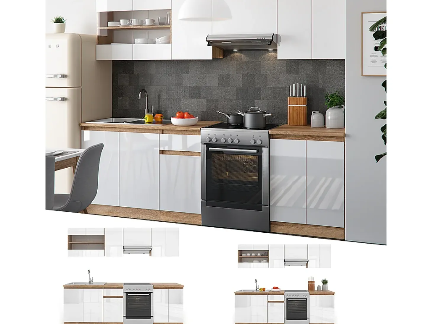 Mueble de cocina blanco alto brillo/blanco 240x60x81.6 raul