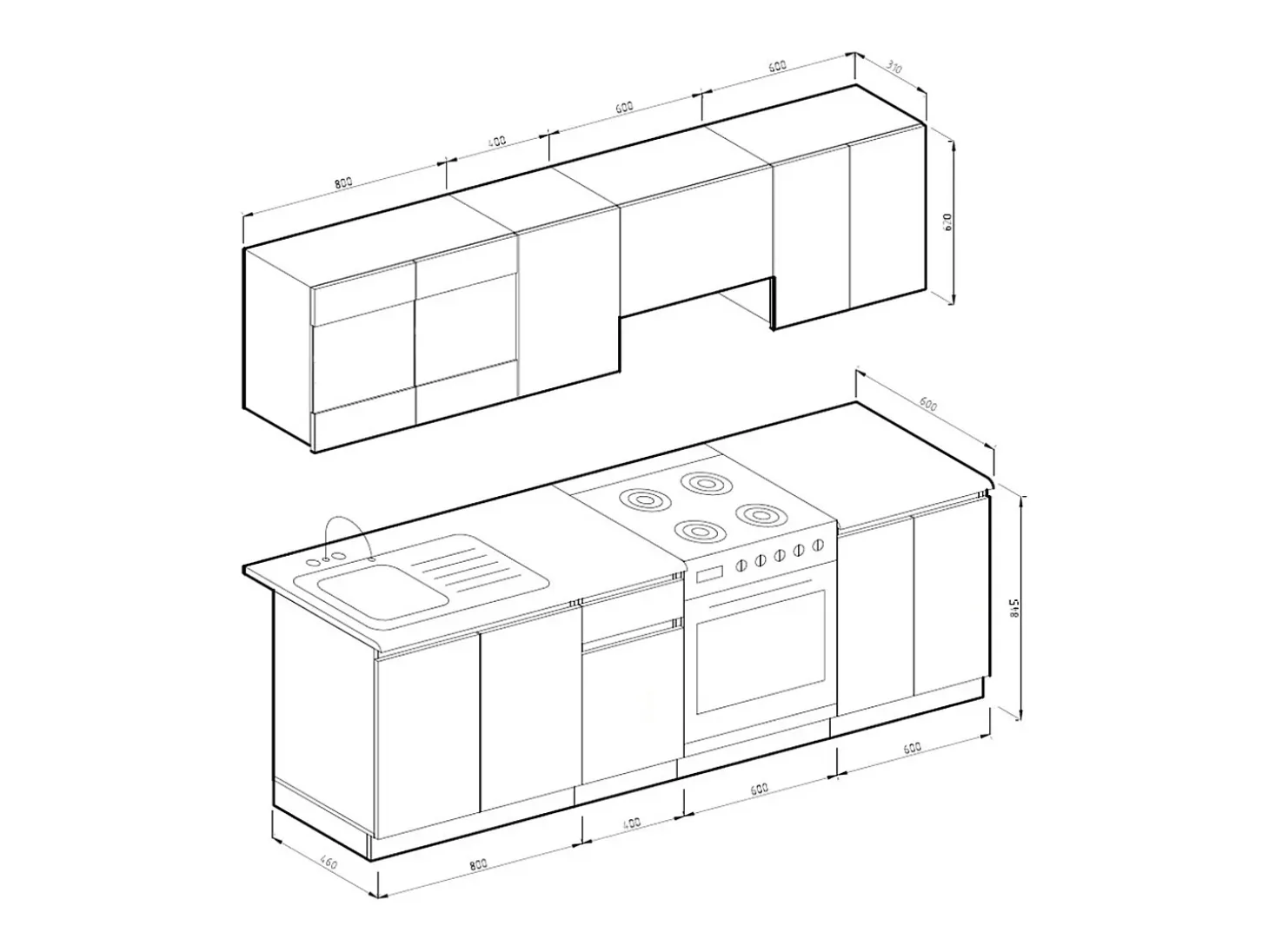 Mueble de cocina blanco alto brillo/blanco 240x60x81.6 raul