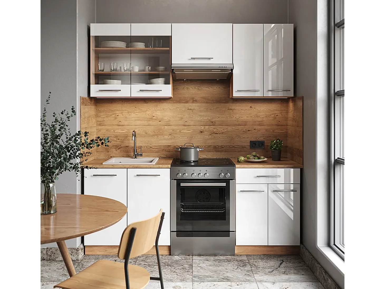 Mueble de cocina blanco brillo intenso/roble dorado 200x60x81.6 fame-line