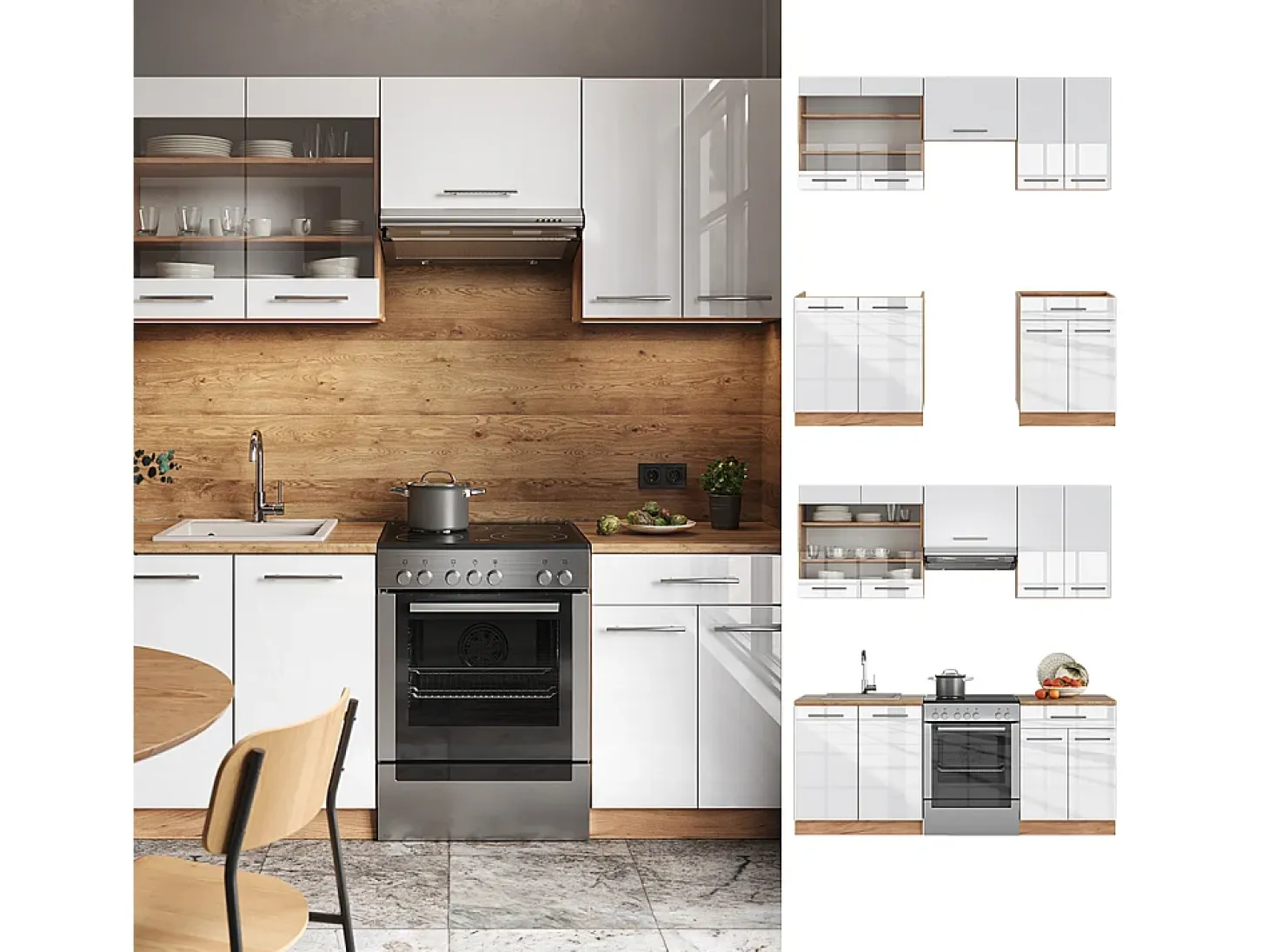 Mueble de cocina blanco brillo intenso/roble dorado 200x60x81.6 fame-line