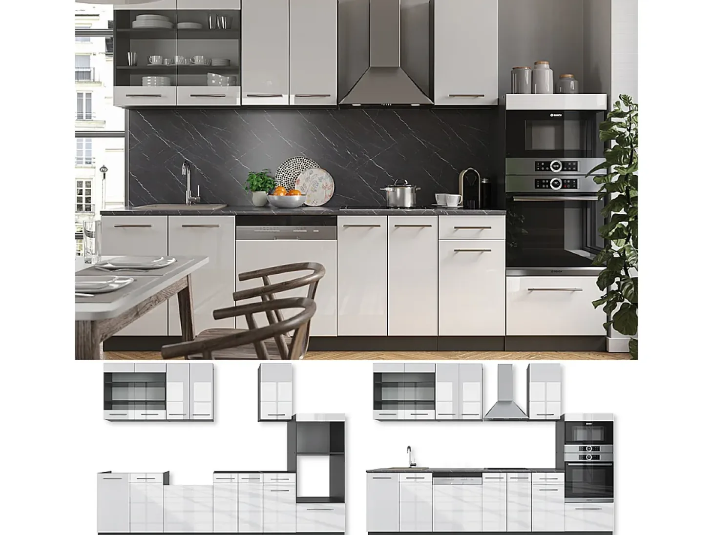 Mueble de cocina blanco brillo/antracita 300x60x81.6 fame-line