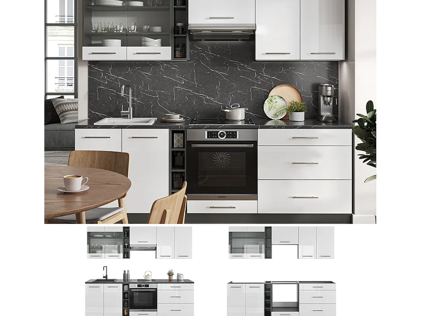 Mueble de cocina blanco brillo/antracita 235x46x81.6 fame-line