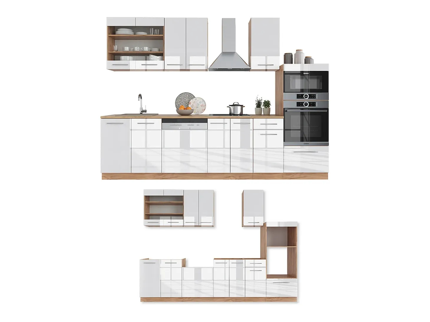 Mueble de cocina blanco brillo intenso/roble dorado 300x60x81.6 fame-line