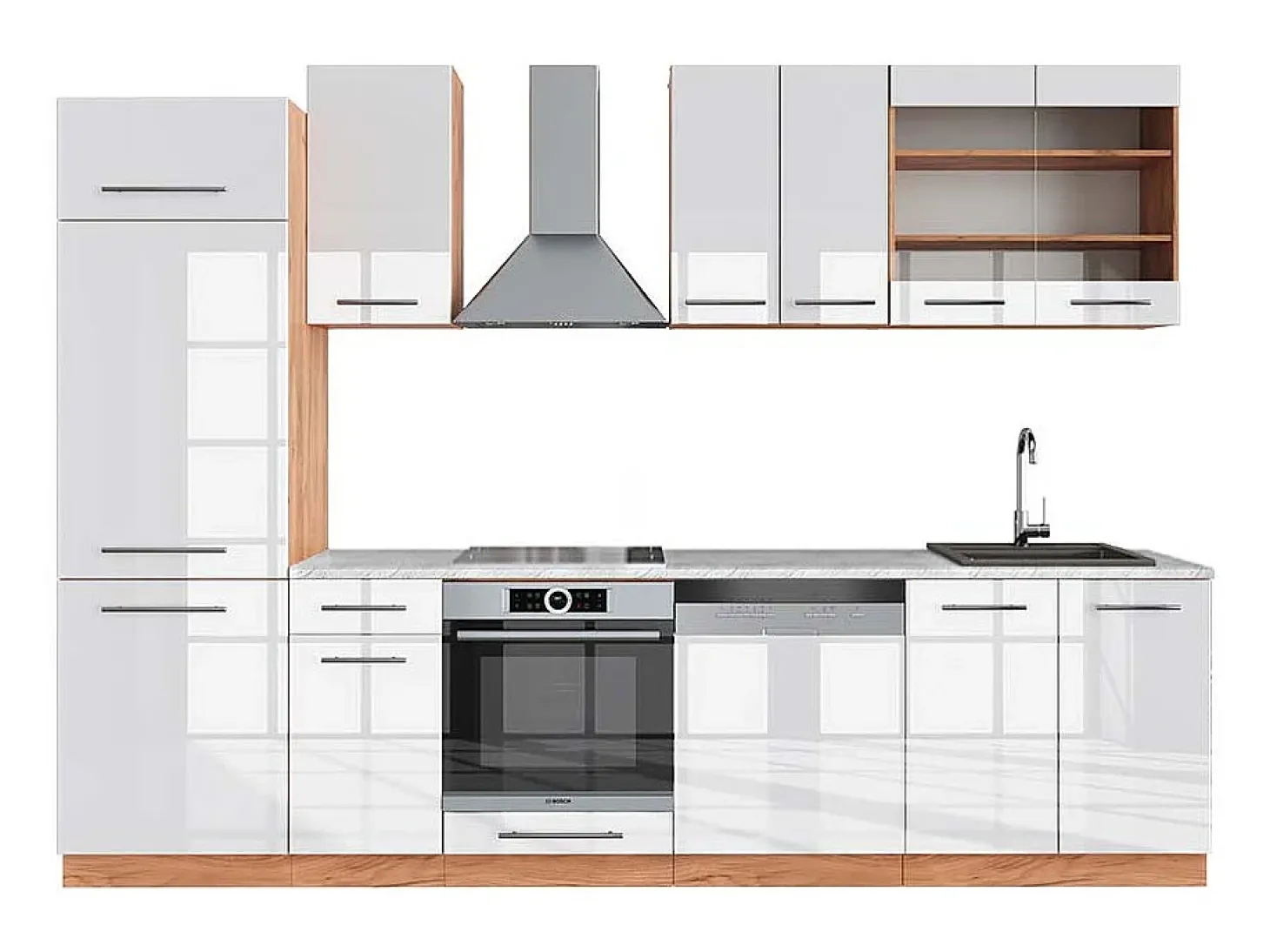 Mueble de cocina blanco brillo intenso/roble dorado 300x60x81.6 fame-line