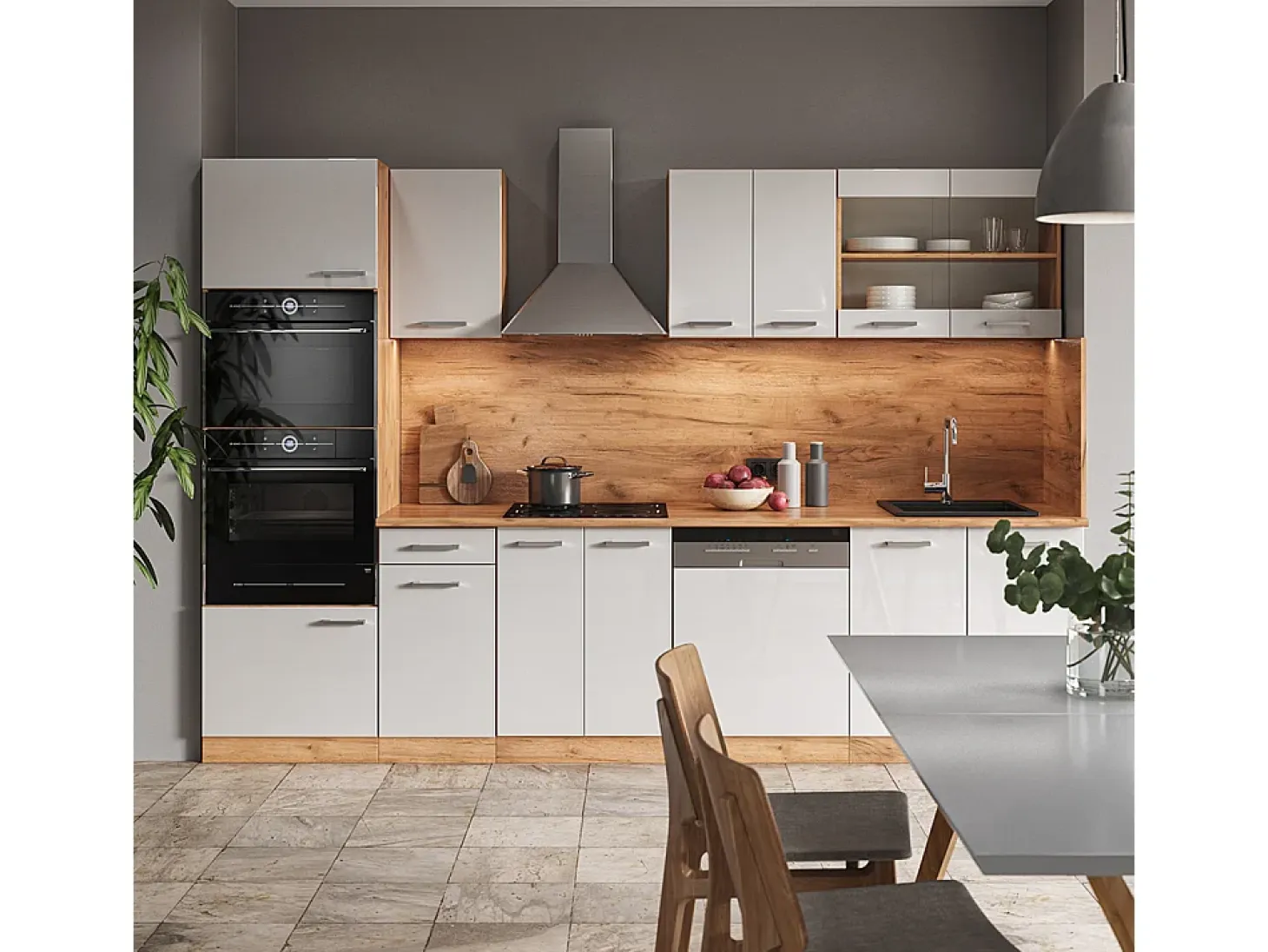 Mueble de cocina blanco brillo intenso/roble dorado 300x60x81.6 r-line