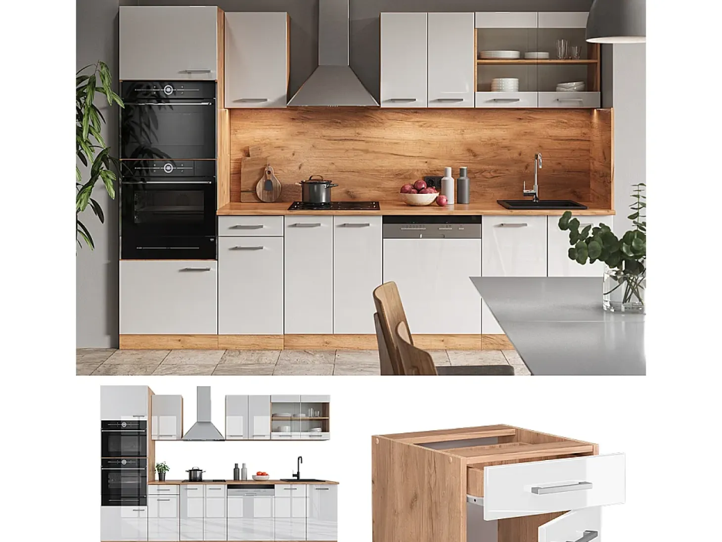 Mueble de cocina blanco brillo intenso/roble dorado 300x60x81.6 r-line