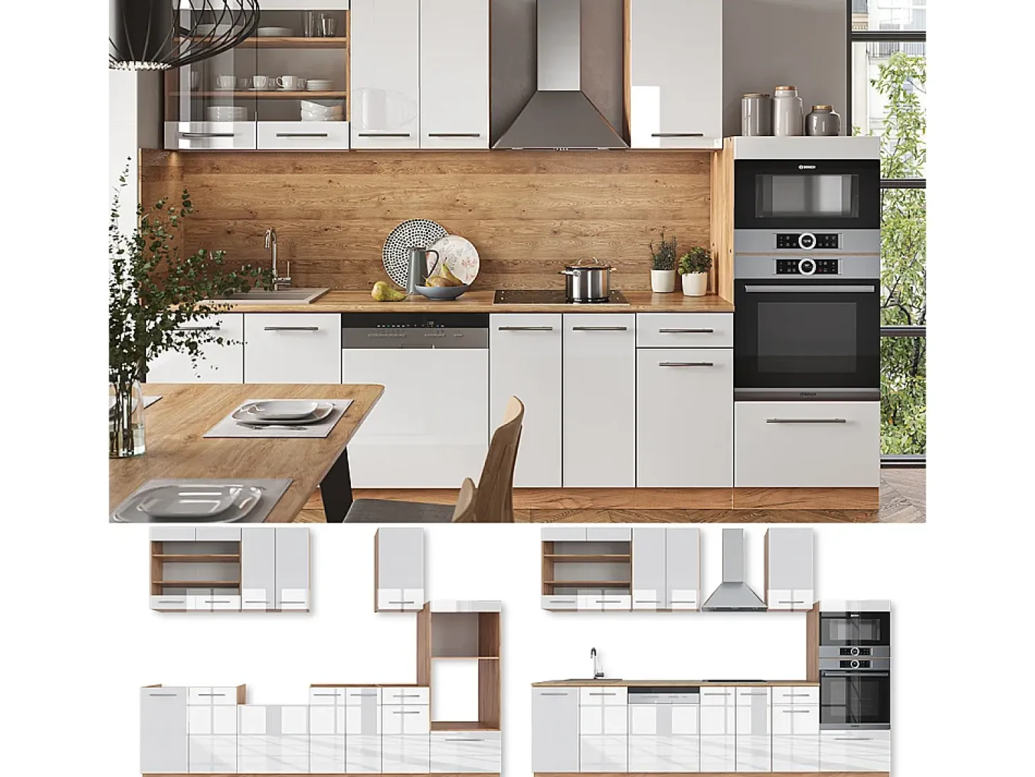Mueble de cocina blanco brillo intenso/roble dorado 300x60x81.6 fame-line