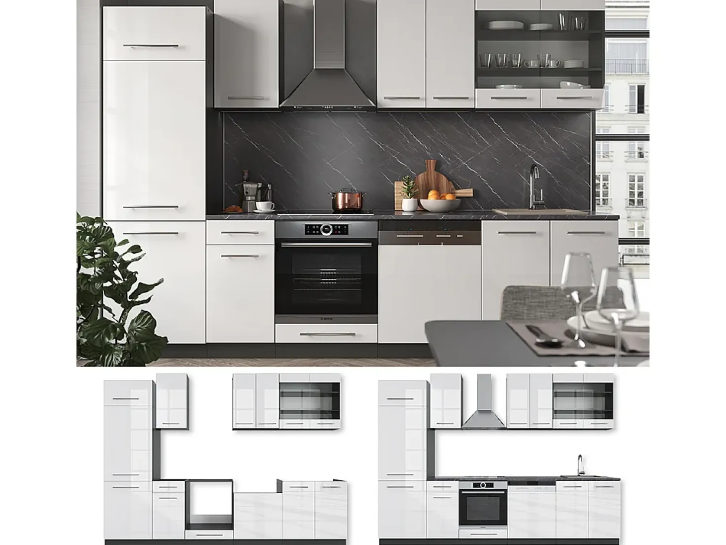 Mueble de cocina blanco brillo/antracita 300x60x81.6 fame-line