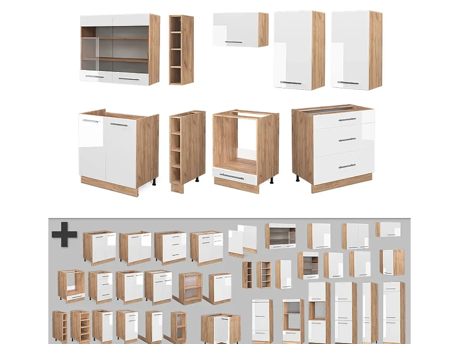 Mueble de cocina blanco brillo intenso/roble dorado 235x60x81.6 fame-line