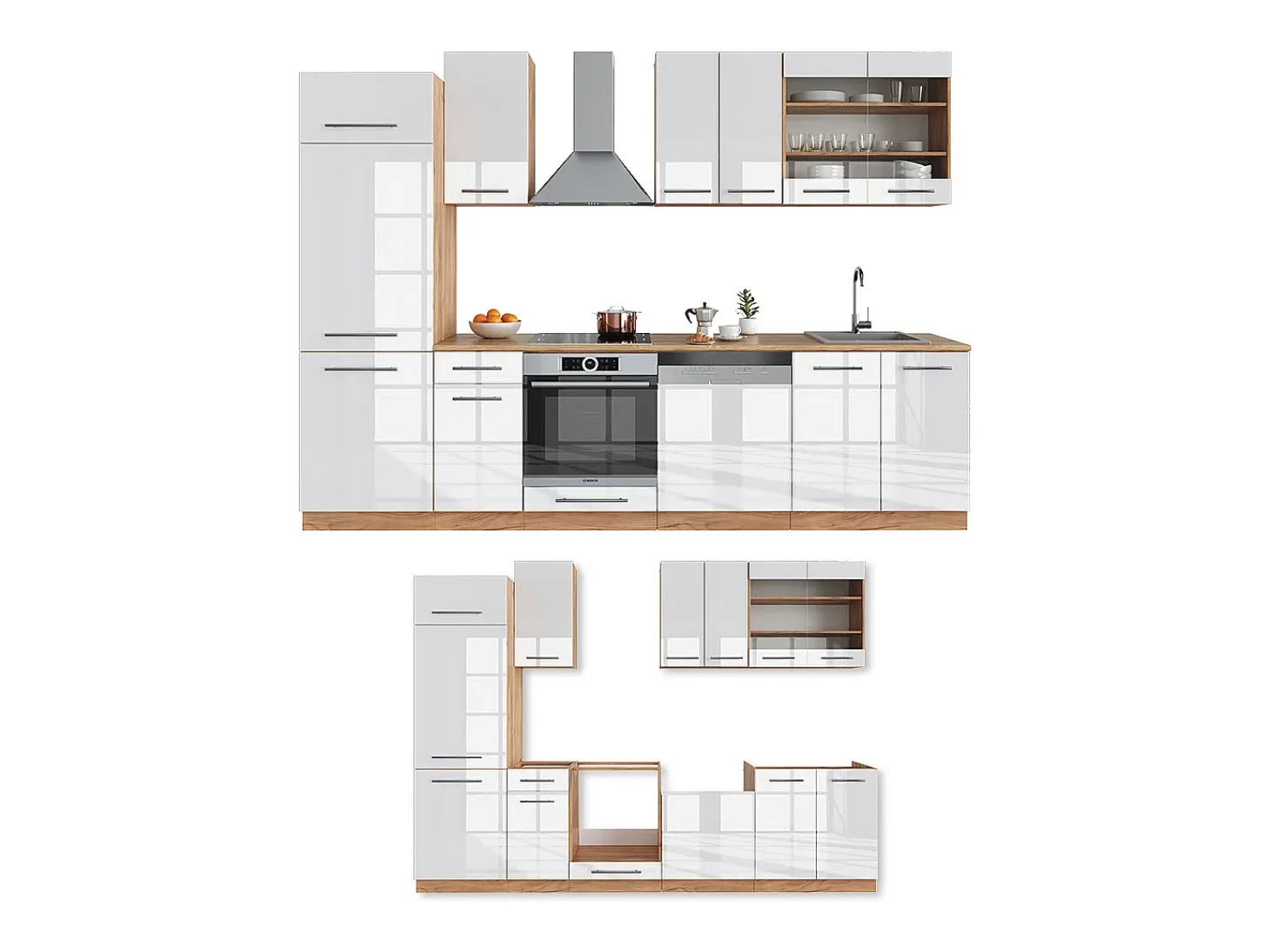 Mueble de cocina blanco brillo intenso/roble dorado 300x46x81.6 fame-line