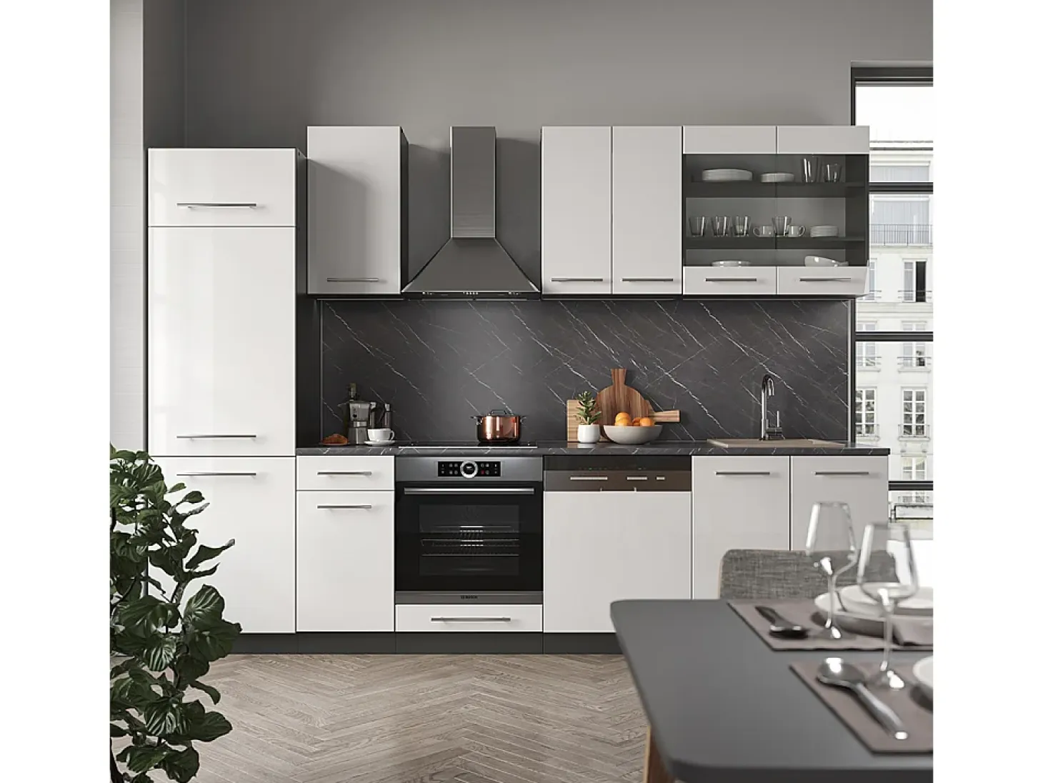 Mueble de cocina blanco brillo/antracita 300x60x81.6 fame-line