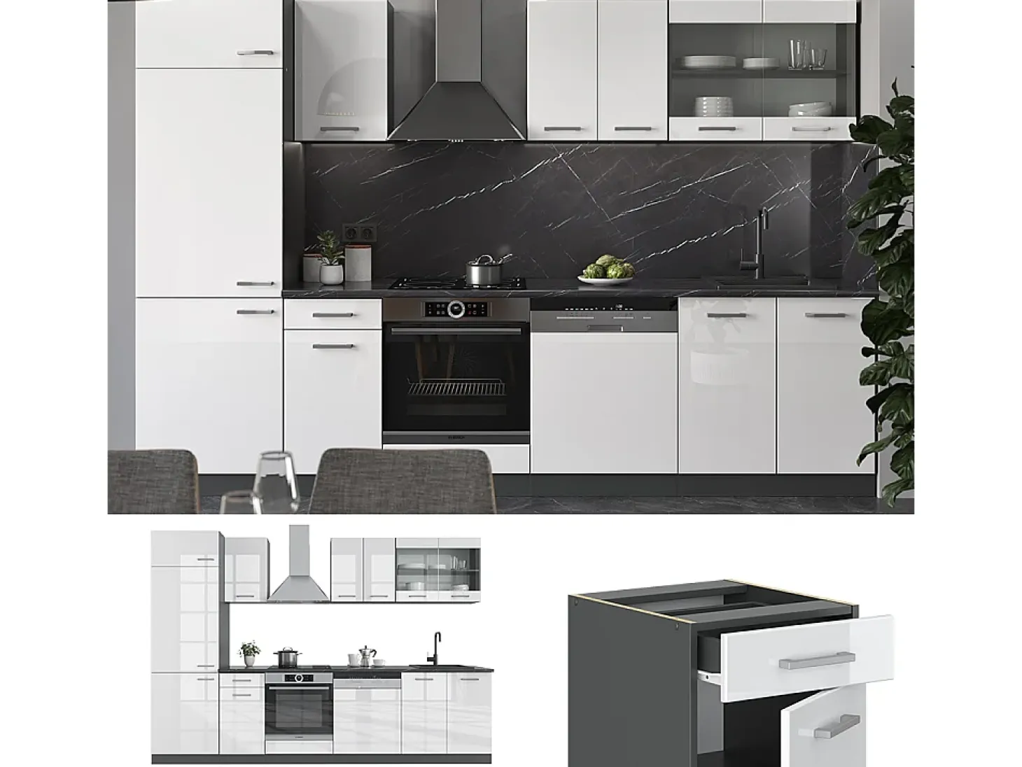 Mueble de cocina blanco brillo/antracita 300x60x81.6 r-line