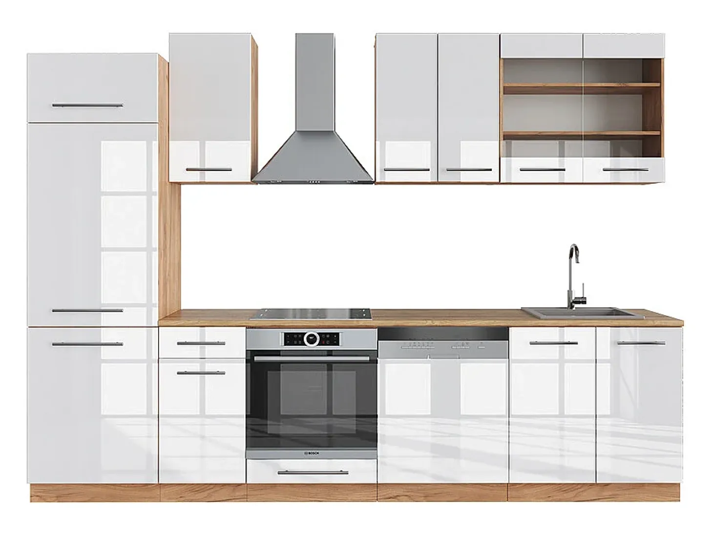 Mueble de cocina blanco brillo intenso/roble dorado 300x60x81.6 fame-line