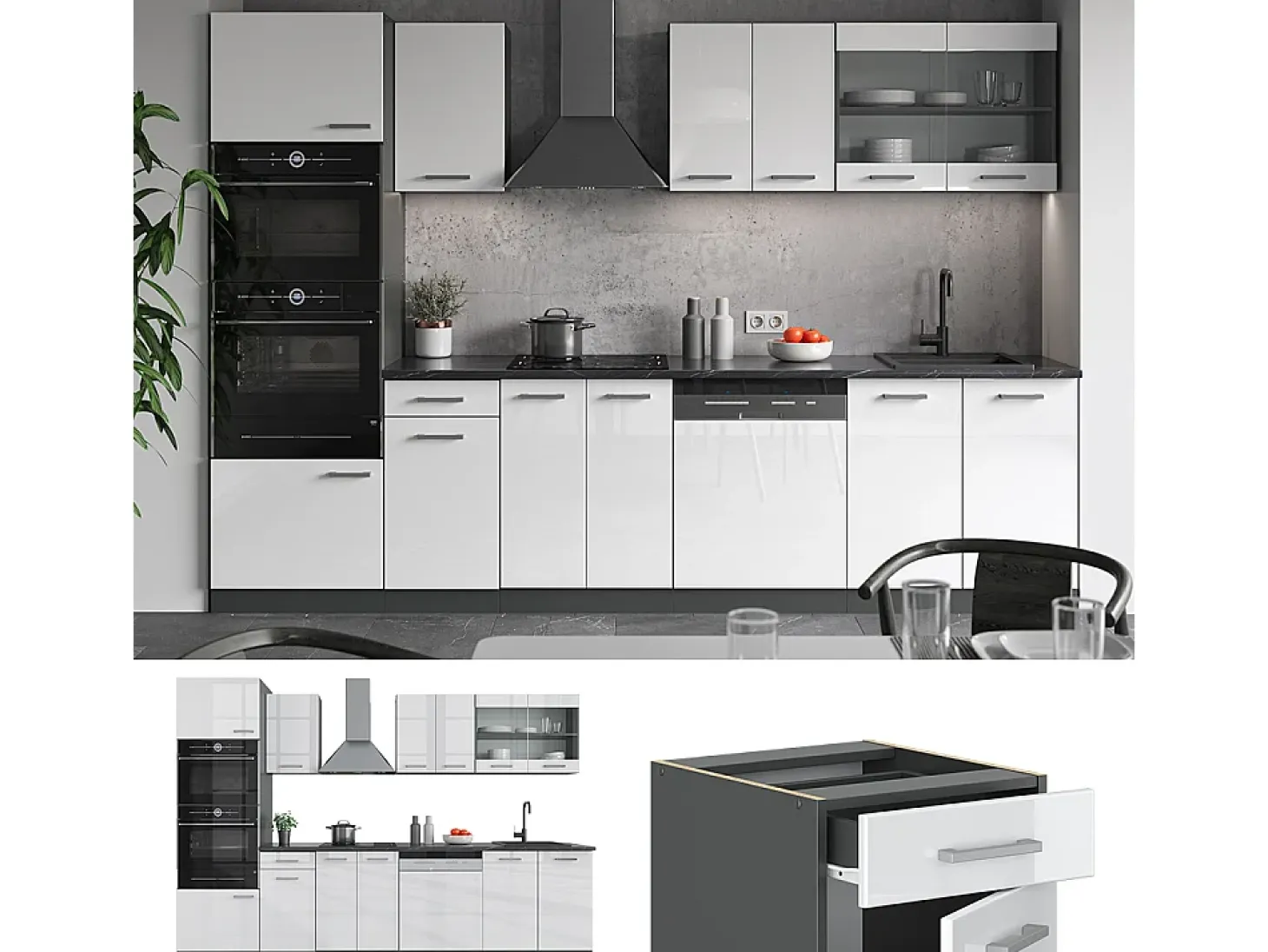 Mueble de cocina blanco brillo/antracita 300x60x81.6 r-line
