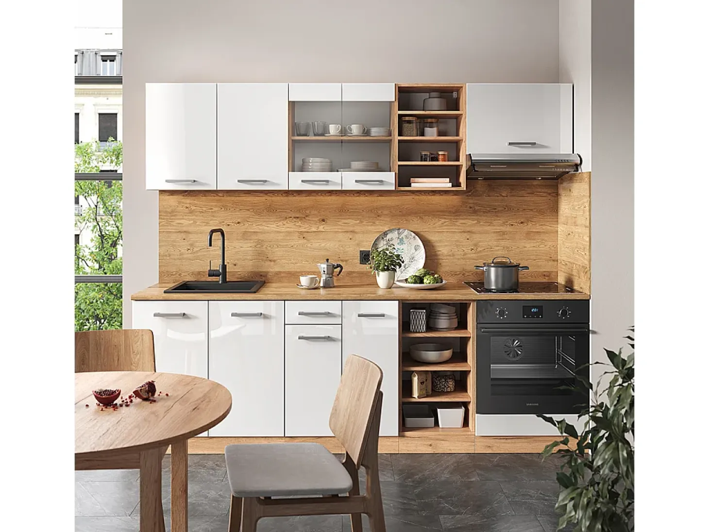 Mueble de cocina blanco brillo intenso/roble dorado 240x60x81.6 r-line