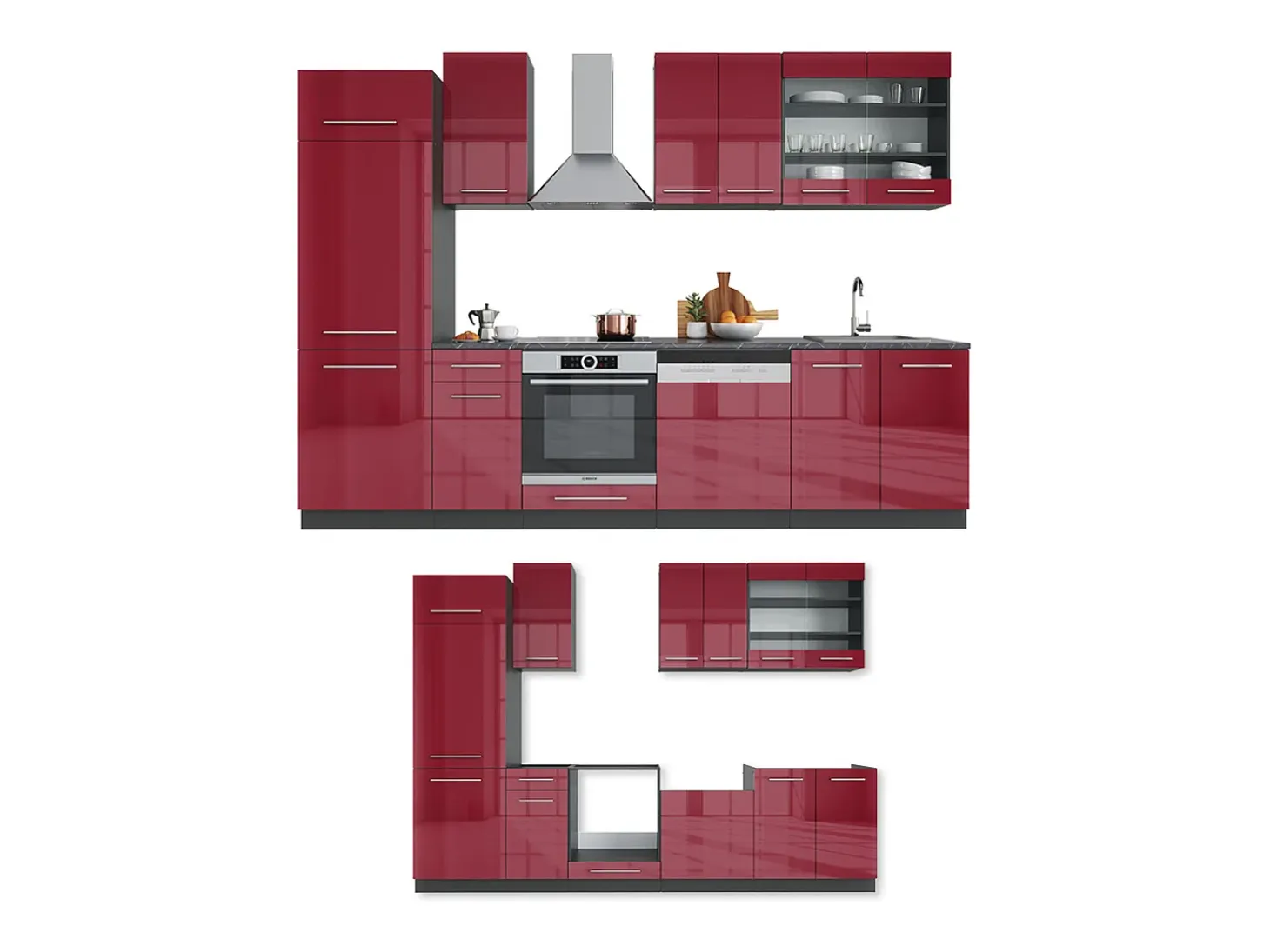 Mueble de cocina burdeos brillo intenso/antracita 300x60x81.6 fame-line