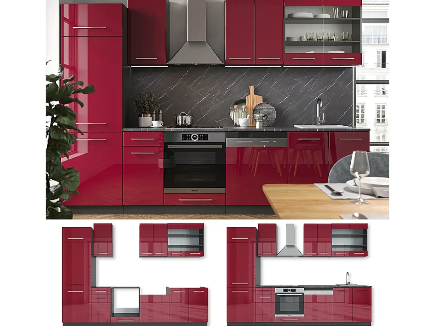 Mueble de cocina burdeos brillo intenso/antracita 300x60x81.6 fame-line