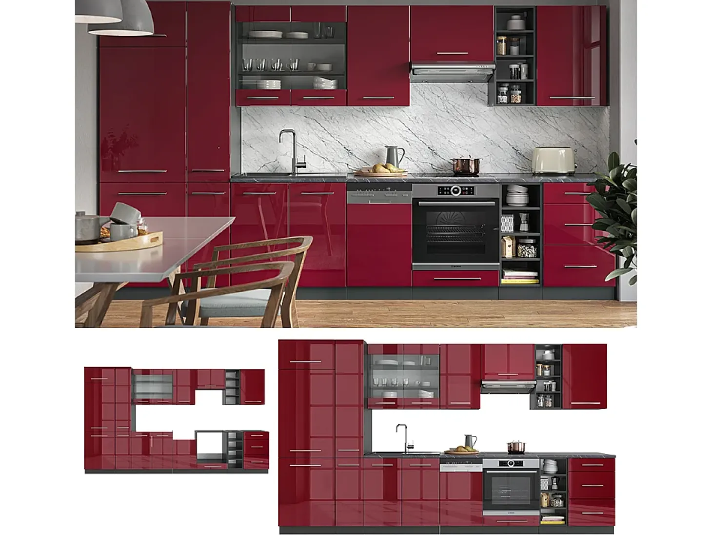 Mueble de cocina burdeos brillo intenso/antracita 355x60x81.6 fame-line