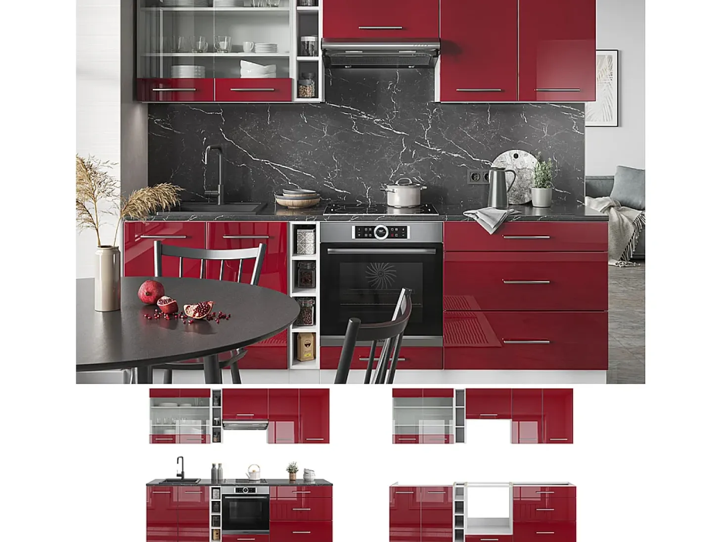 Mueble de cocina burdeos brillo intenso/blanco 235x60x81.6 fame-line
