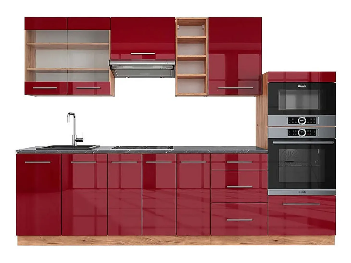 Mueble de cocina burdeos brillo intenso/roble dorado 280x60x81.6 fame-line