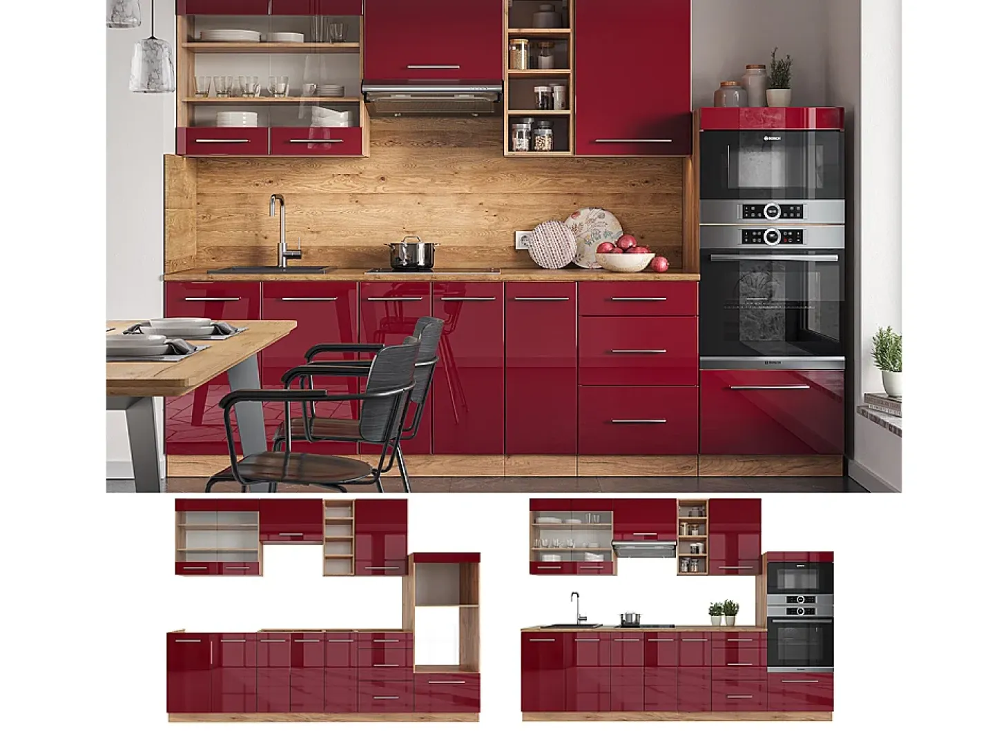 Mueble de cocina burdeos brillo intenso/roble dorado 280x60x81.6 fame-line