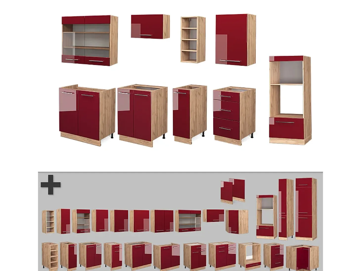 Mueble de cocina burdeos brillo intenso/roble dorado 280x60x81.6 fame-line