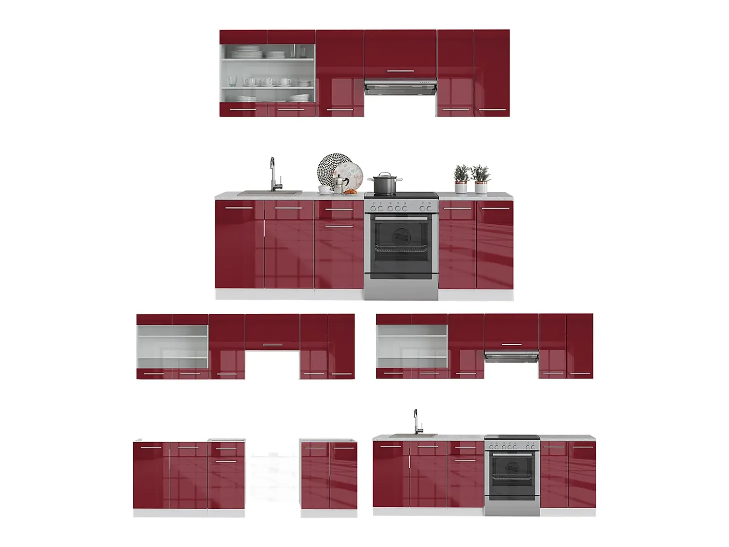 Mueble de cocina burdeos brillo intenso/blanco 240x60x81.6 fame-line