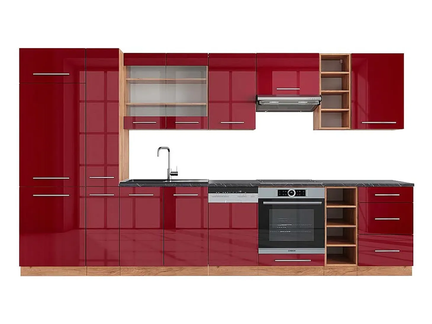 Mueble de cocina burdeos brillo intenso/roble dorado 355x60x81.6 fame-line