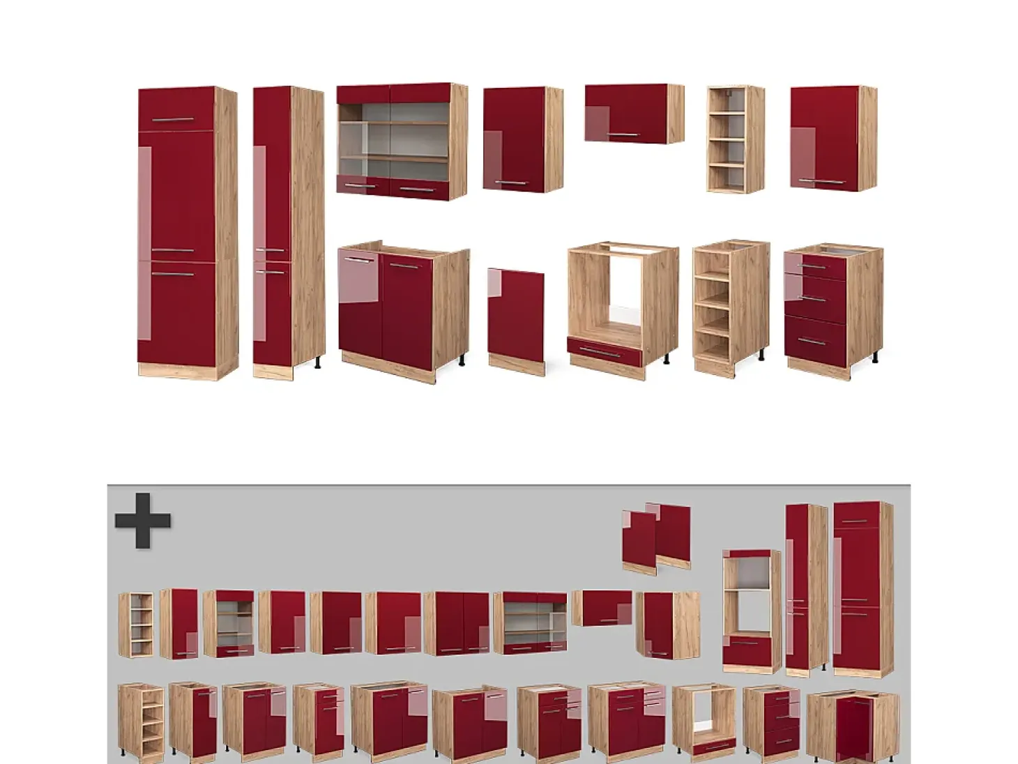 Mueble de cocina burdeos brillo intenso/roble dorado 355x60x81.6 fame-line