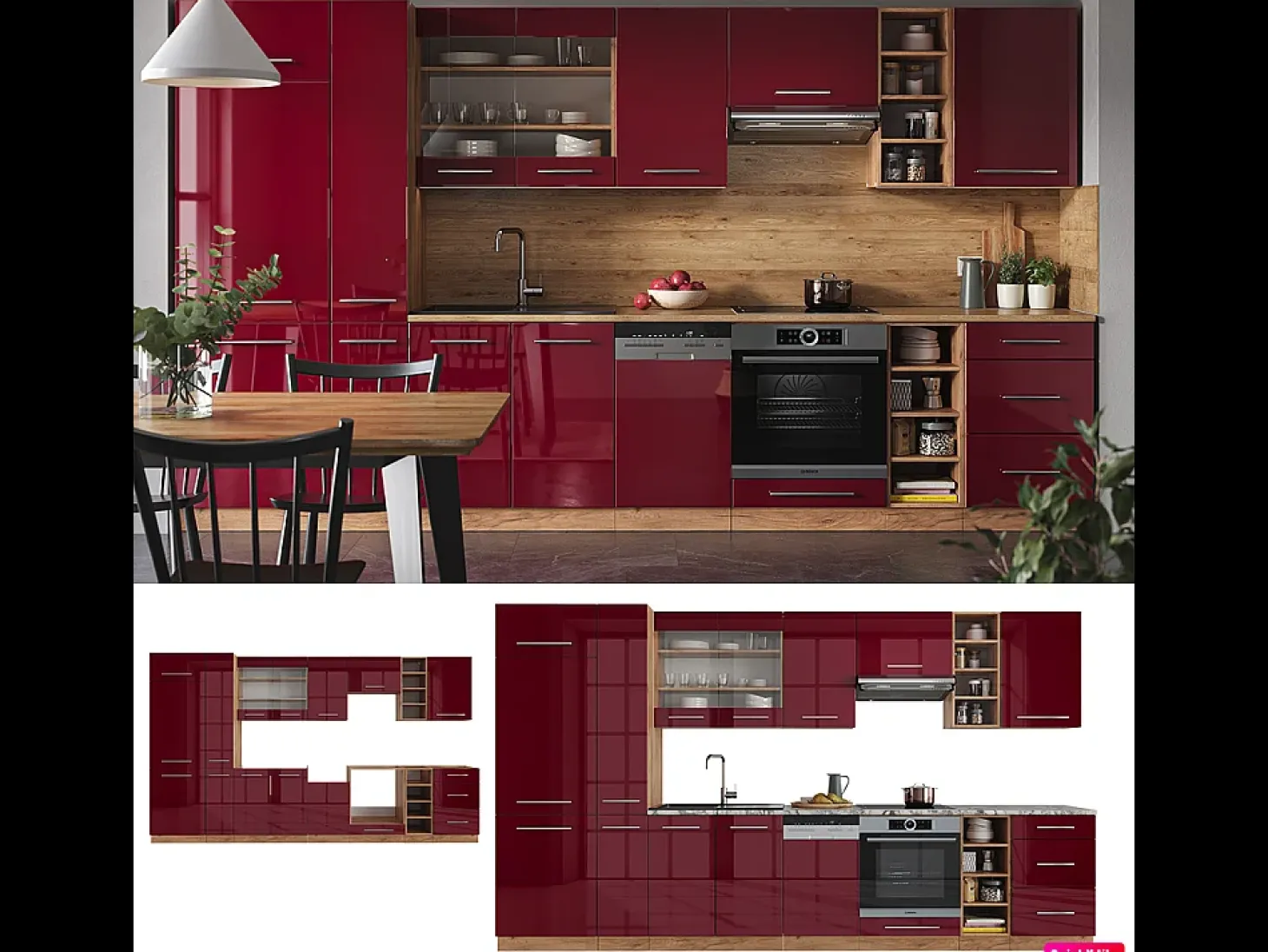 Mueble de cocina burdeos brillo intenso/roble dorado 355x60x81.6 fame-line