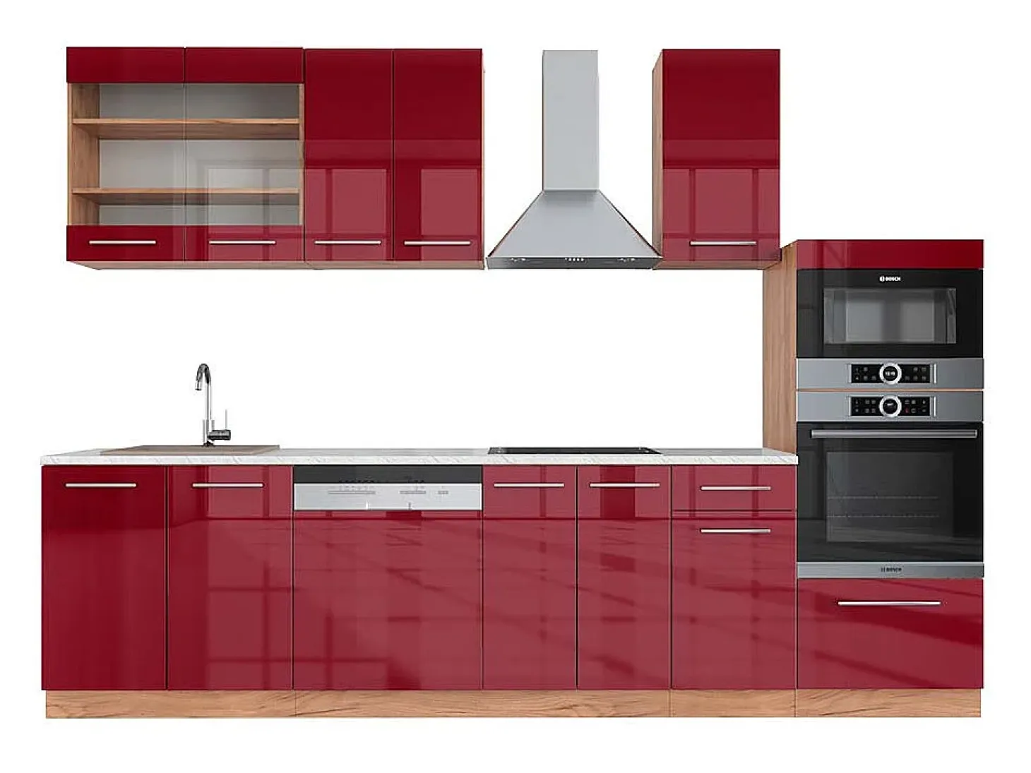 Mueble de cocina burdeos brillo intenso/roble dorado 300x60x81.6 fame-line