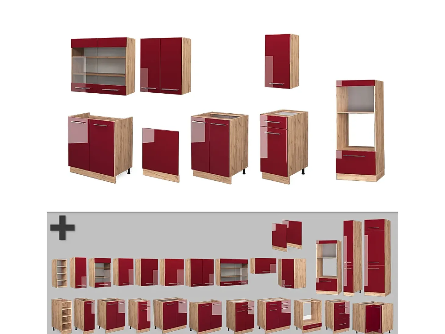 Mueble de cocina burdeos brillo intenso/roble dorado 300x60x81.6 fame-line