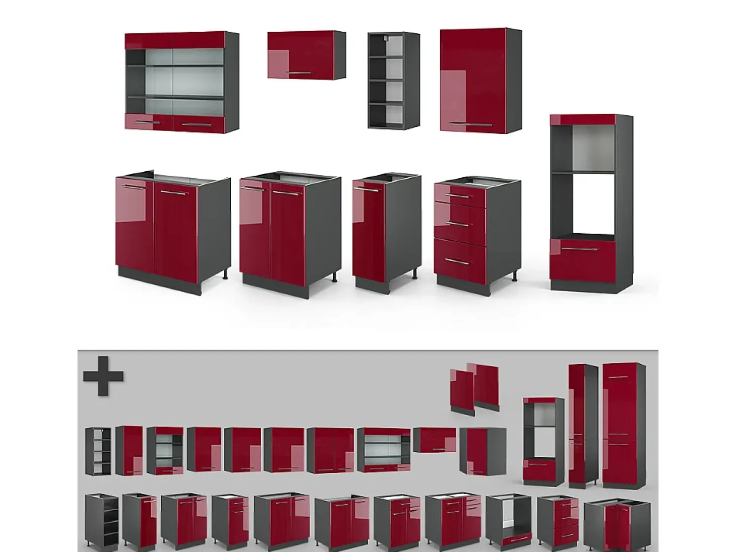 Mueble de cocina burdeos brillo intenso/antracita 280x46x81.6 fame-line