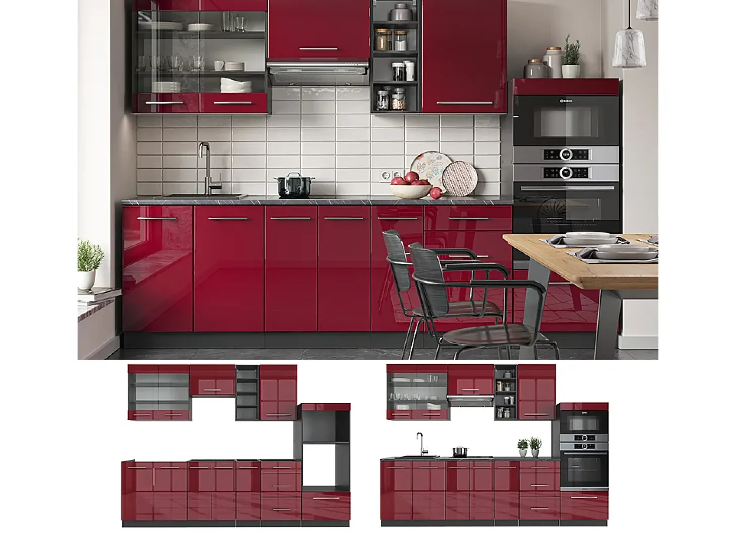 Mueble de cocina burdeos brillo intenso/antracita 280x46x81.6 fame-line