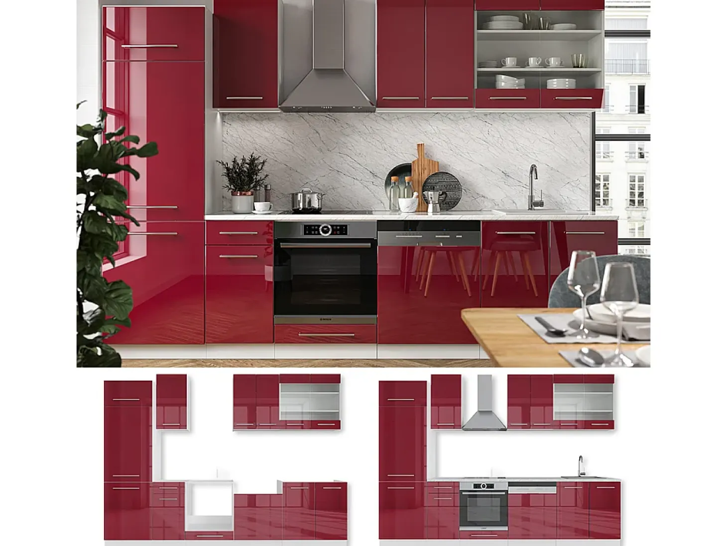 Mueble de cocina burdeos brillo intenso/blanco 300x60x81.6 fame-line