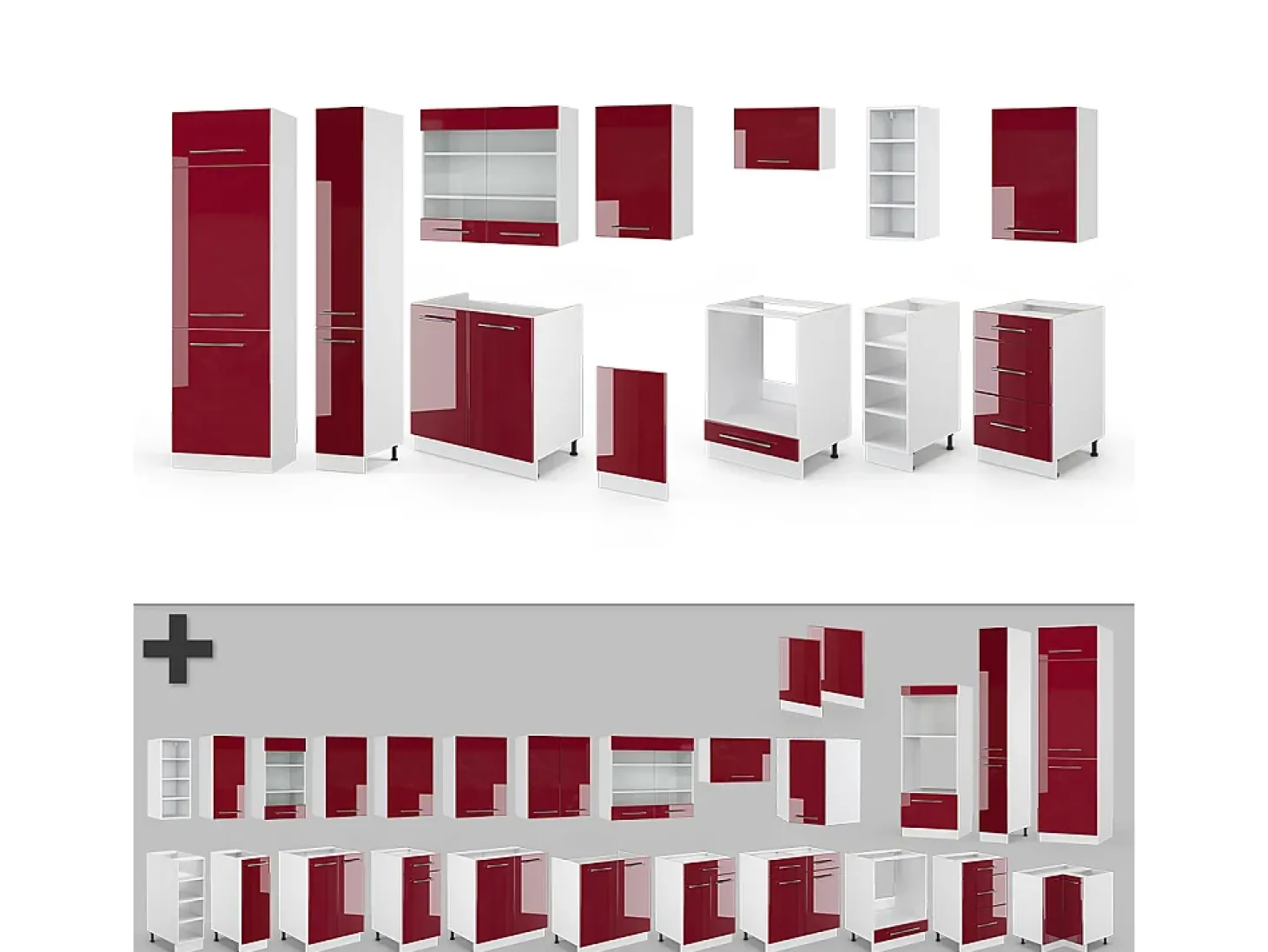 Mueble de cocina burdeos brillo intenso/blanco 355x60x81.6 fame-line