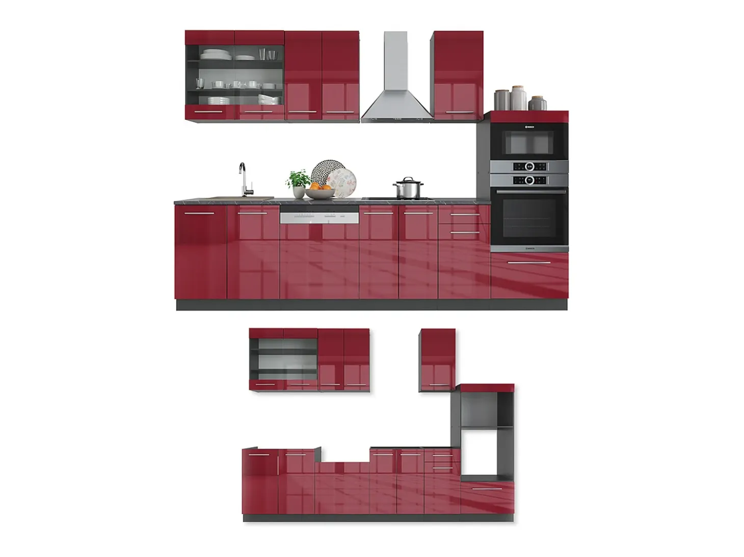Mueble de cocina burdeos brillo intenso/antracita 300x60x81.6 fame-line