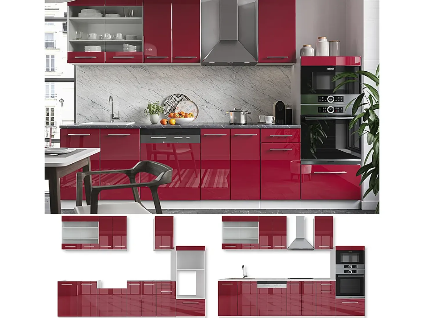 Mueble de cocina burdeos brillo intenso/blanco 300x46x81.6 fame-line