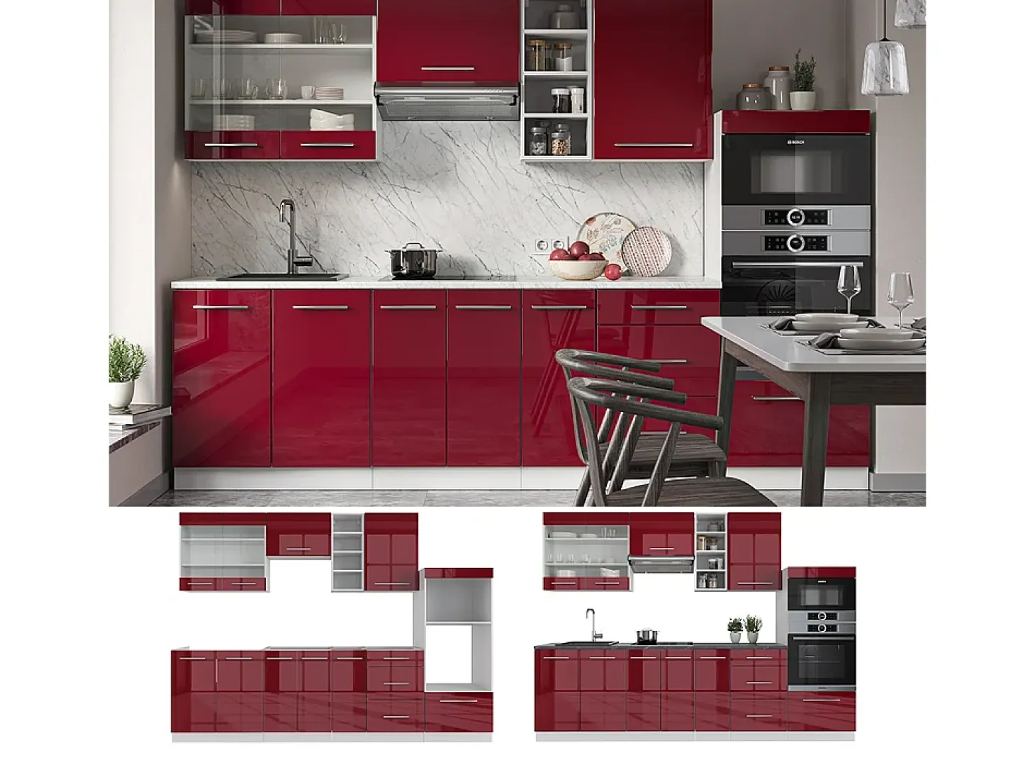 Mueble de cocina burdeos brillo intenso/blanco 280x60x81.6 fame-line