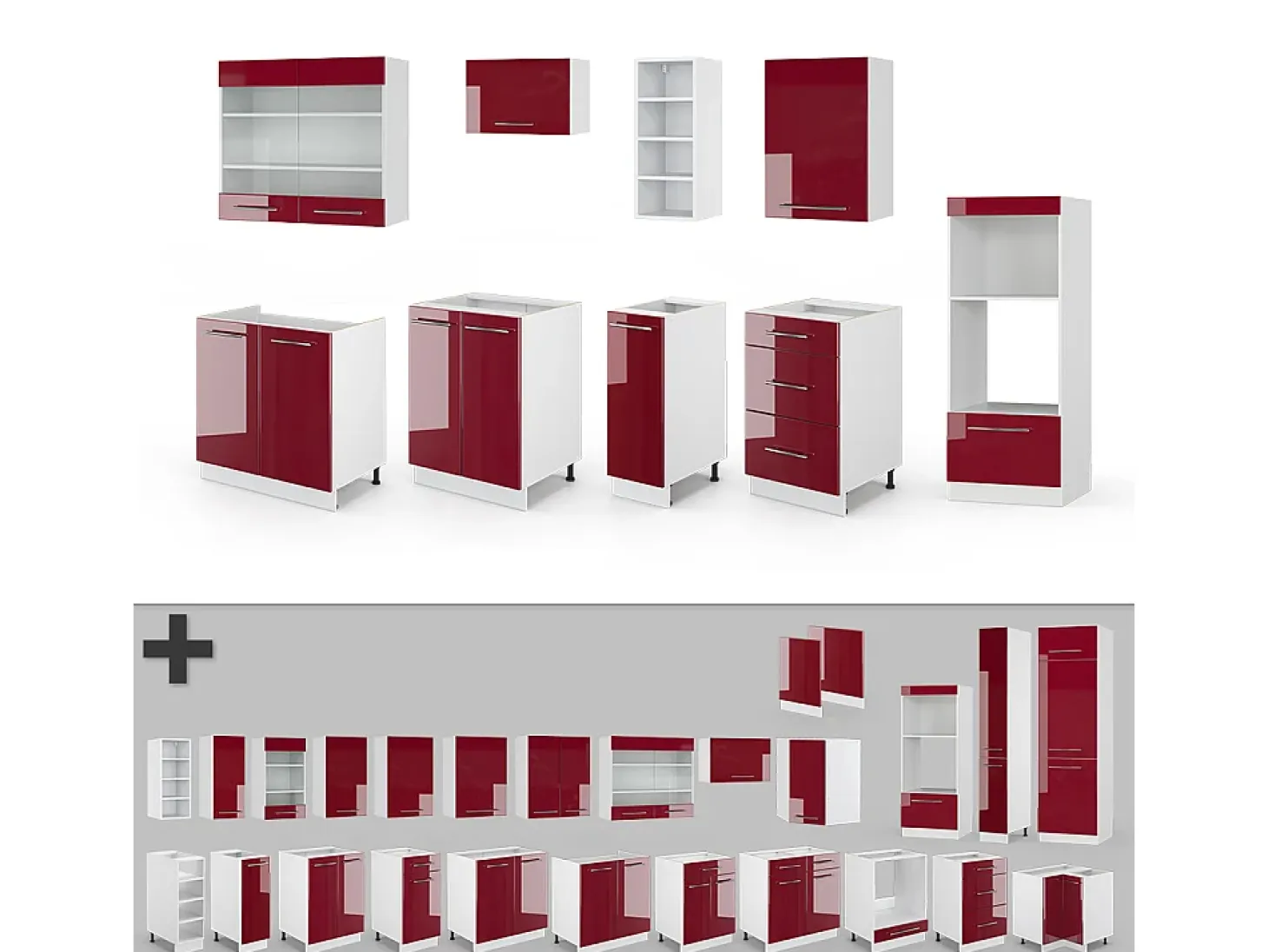 Mueble de cocina burdeos brillo intenso/blanco 280x60x81.6 fame-line
