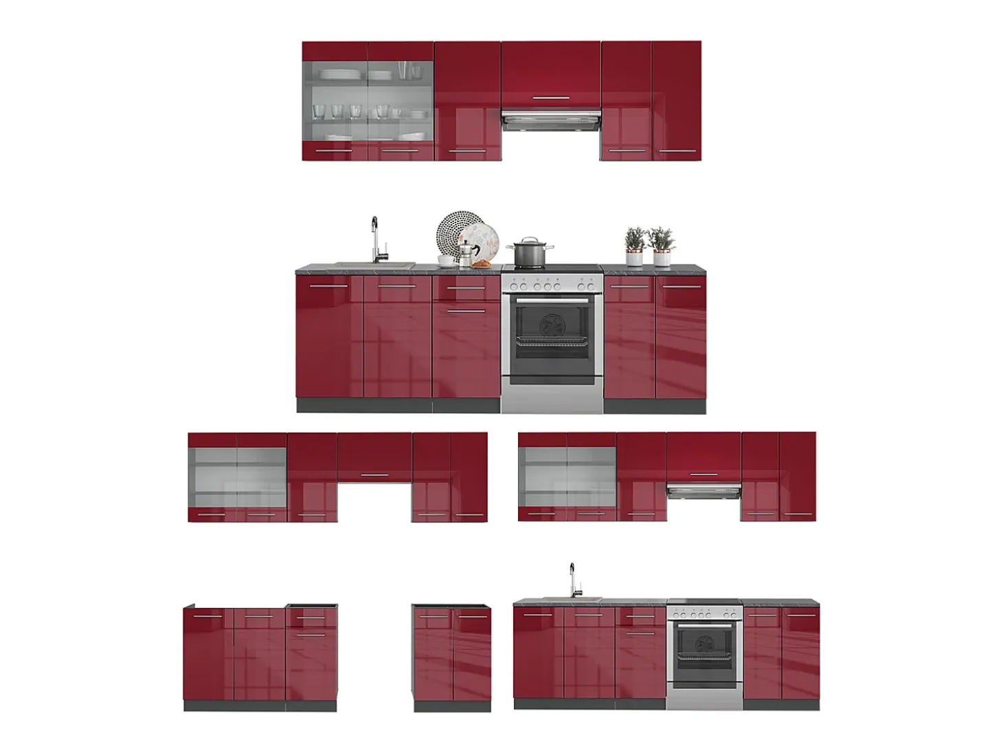 Mueble de cocina burdeos brillo intenso/antracita 240x60x81.6 fame-line
