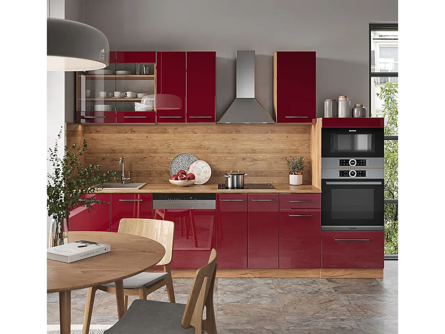 Mueble de cocina burdeos brillo intenso/roble dorado 300x60x81.6 fame-line