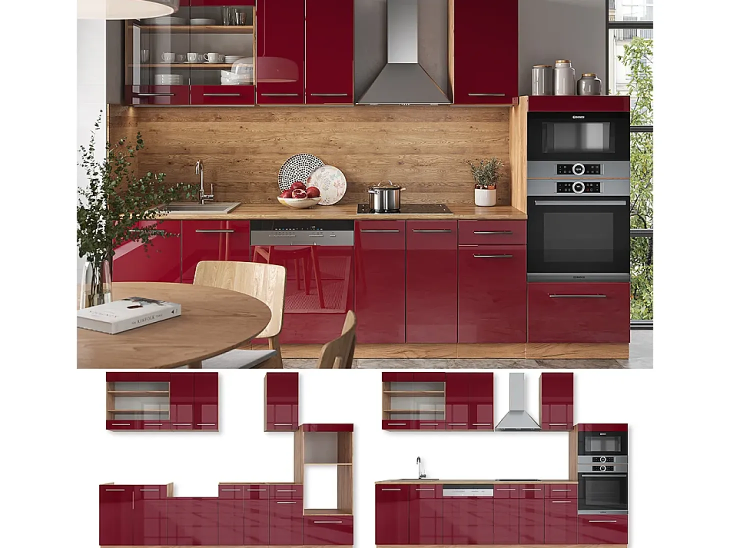 Mueble de cocina burdeos brillo intenso/roble dorado 300x60x81.6 fame-line