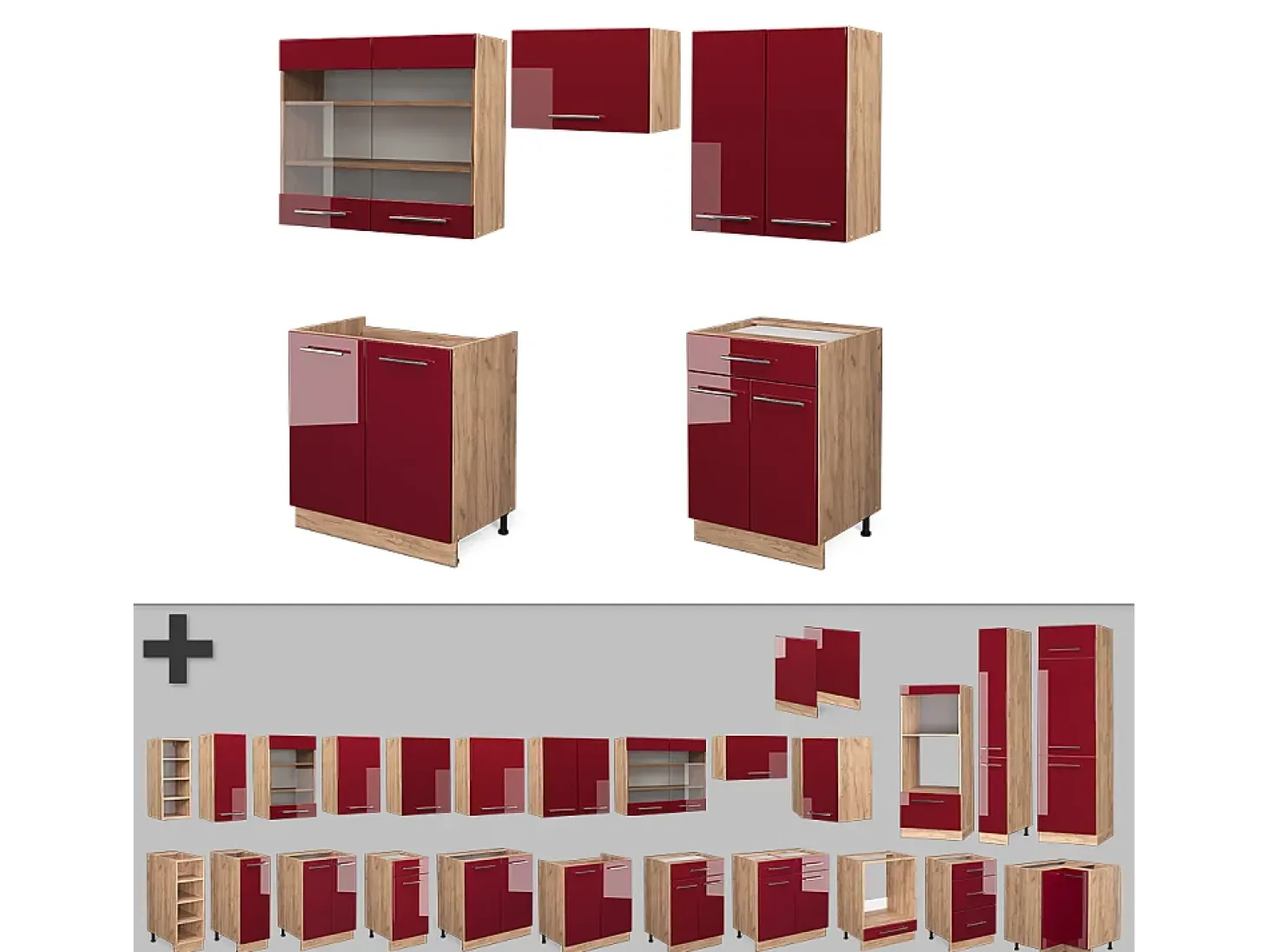 Mueble de cocina burdeos brillo intenso/roble dorado 200x60x81.6 fame-line