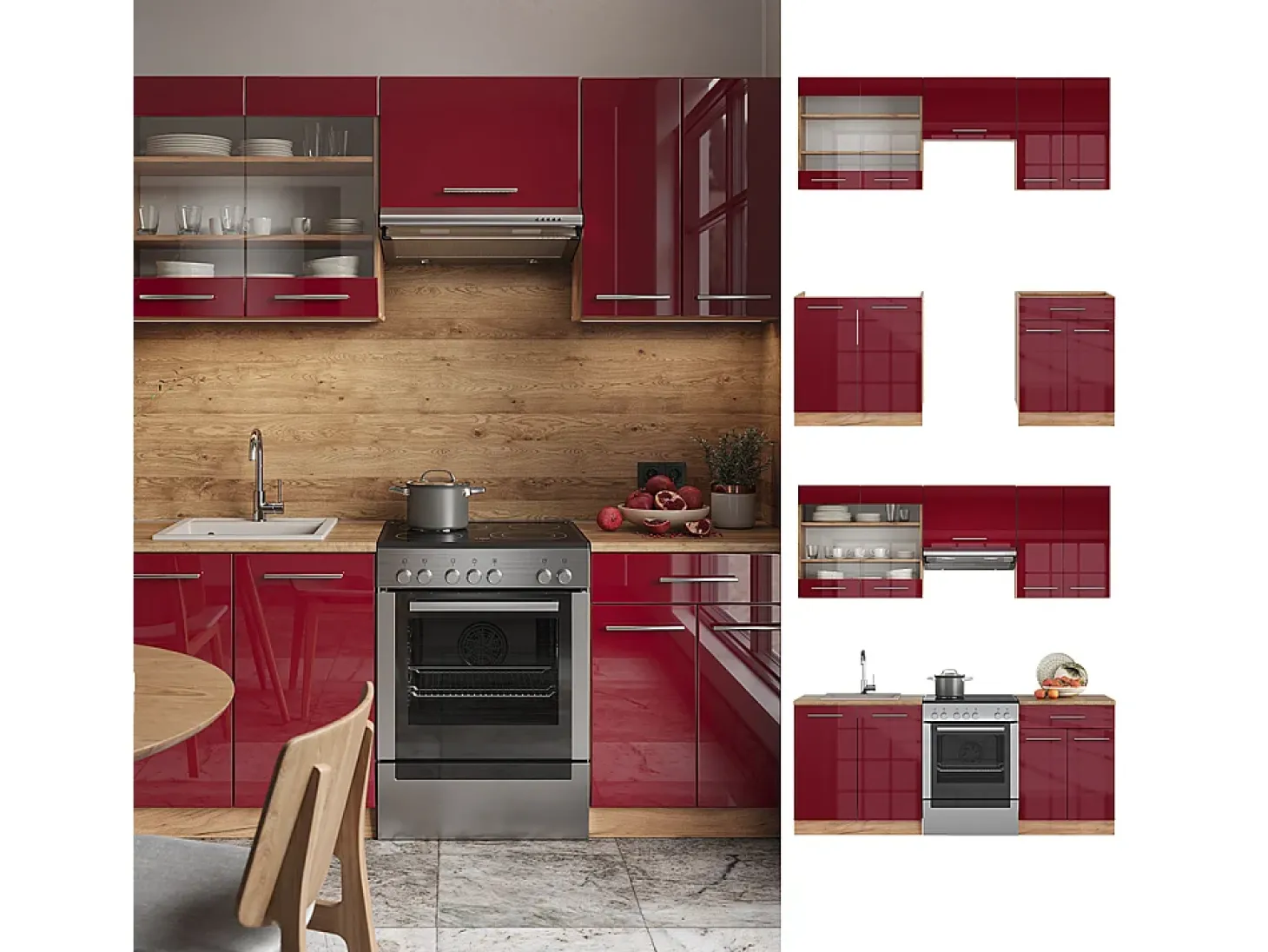 Mueble de cocina burdeos brillo intenso/roble dorado 200x60x81.6 fame-line