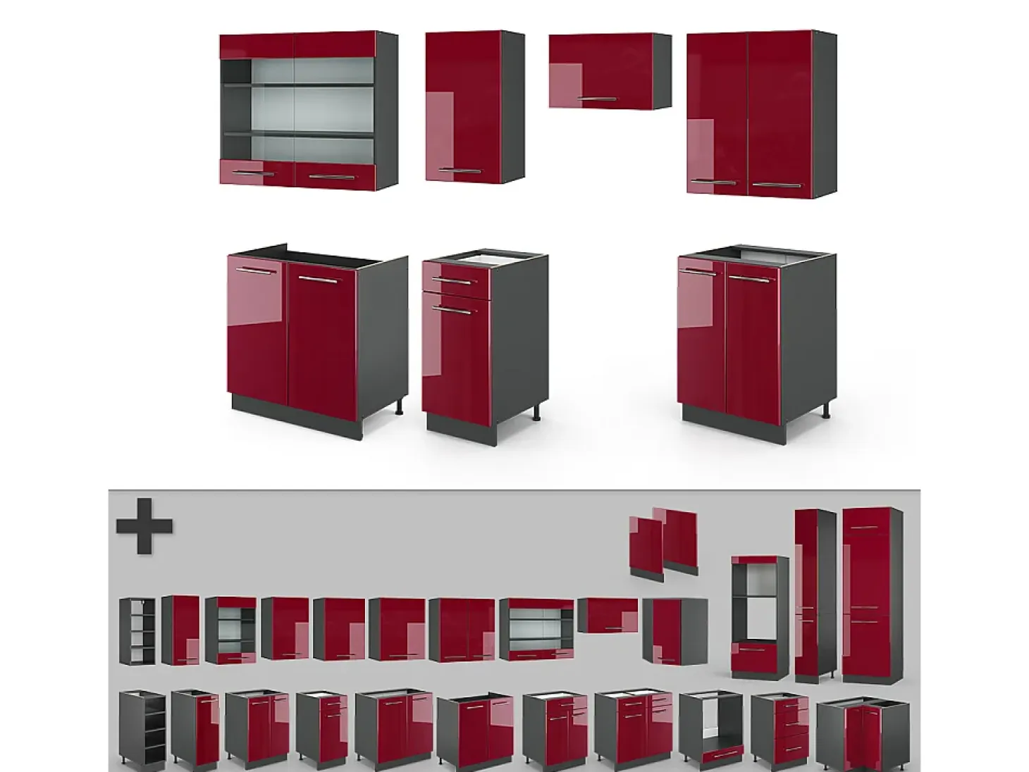 Mueble de cocina burdeos brillo intenso/antracita 240x60x81.6 fame-line