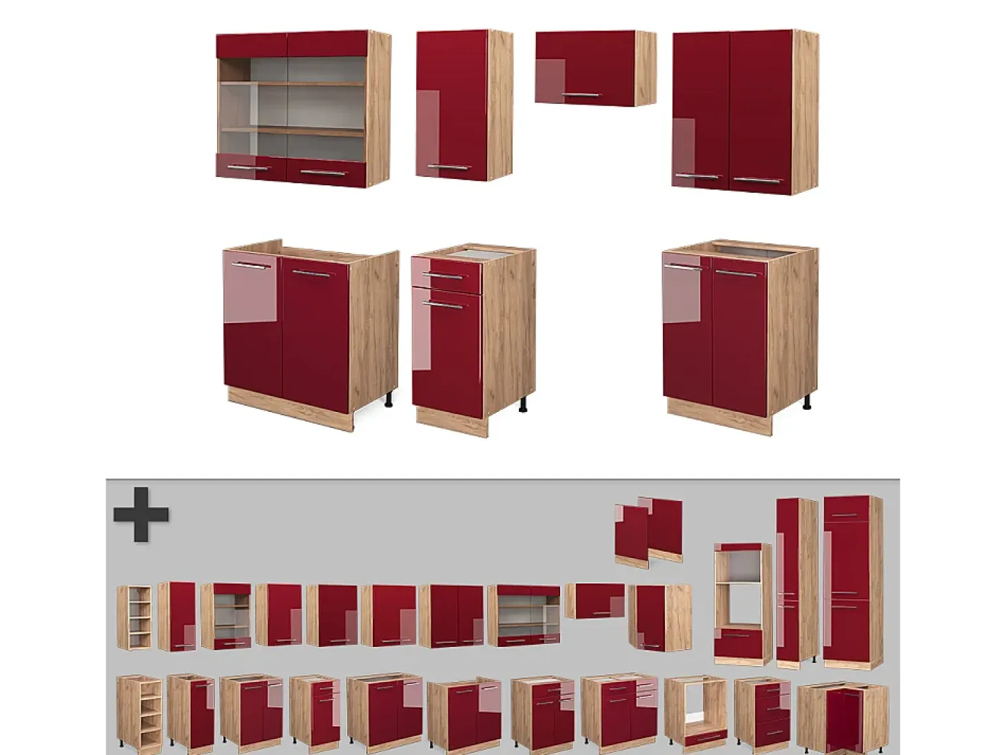 Mueble de cocina burdeos brillo intenso/roble dorado 240x46x81.6 fame-line